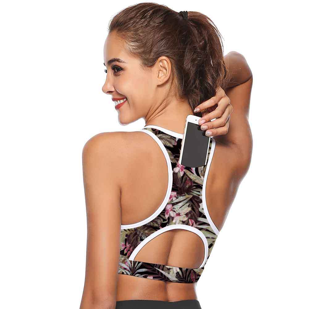 Women Sports Bra With Phone Pocket Print Yoga Top Fitness Running Wear Haut Femme Padding Gym Bras Wireless Top Deportivo Mujer