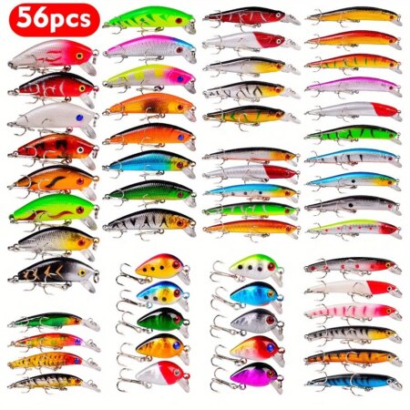 56 Pieces/Batch Multifunctional Bait Set with Hook, Crank Bait and Spinner – Great for Carp and Other Fish