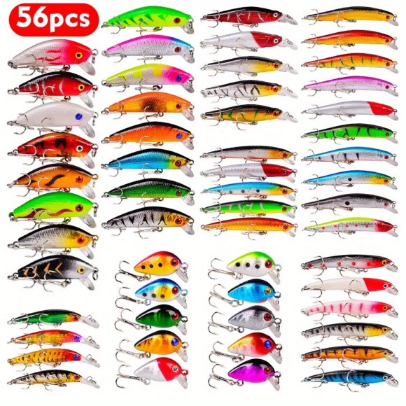 56 Pieces/Batch Multifunctional Bait Set with Hook, Crank Bait and Spinner - Great for Carp and Other Fish