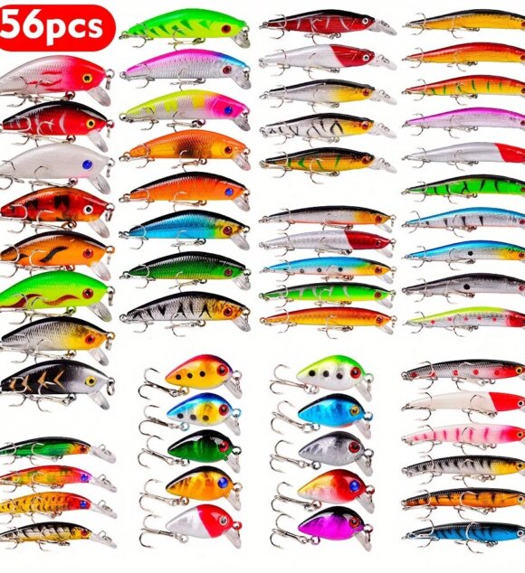 56 Pieces/Batch Multifunctional Bait Set with Hook, Crank Bait and Spinner - Great for Carp and Other Fish
