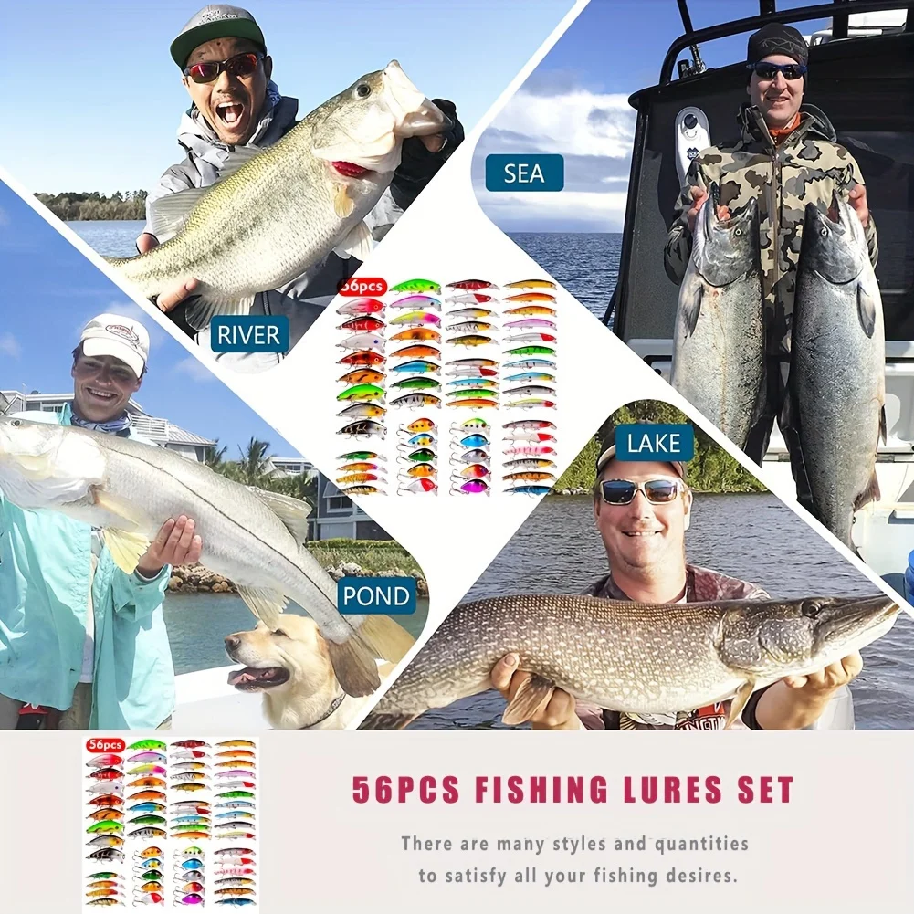 56 Pieces/Batch Multifunctional Bait Set with Hook, Crank Bait and Spinner - Great for Carp and Other Fish